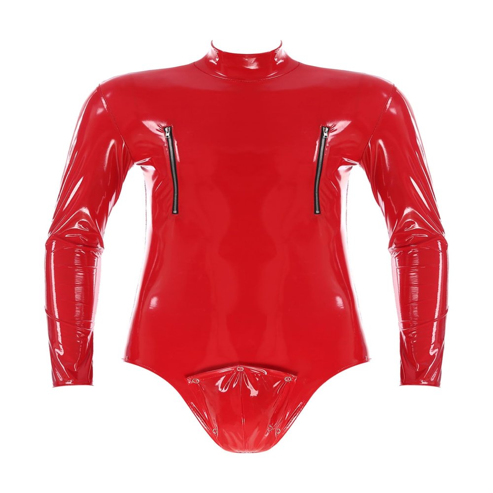 Lorilida Men Shiny Latex Catsuit Jumpsuit Patent Leather Long Sleeve Zipper Bodysuit Leotard Clubwear Red Large