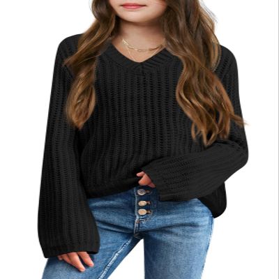 Imily Bela Girls Bell Sleeve V Neck Knit Sweaters Kids Fashion Crop Pullover Sweater Tops Black