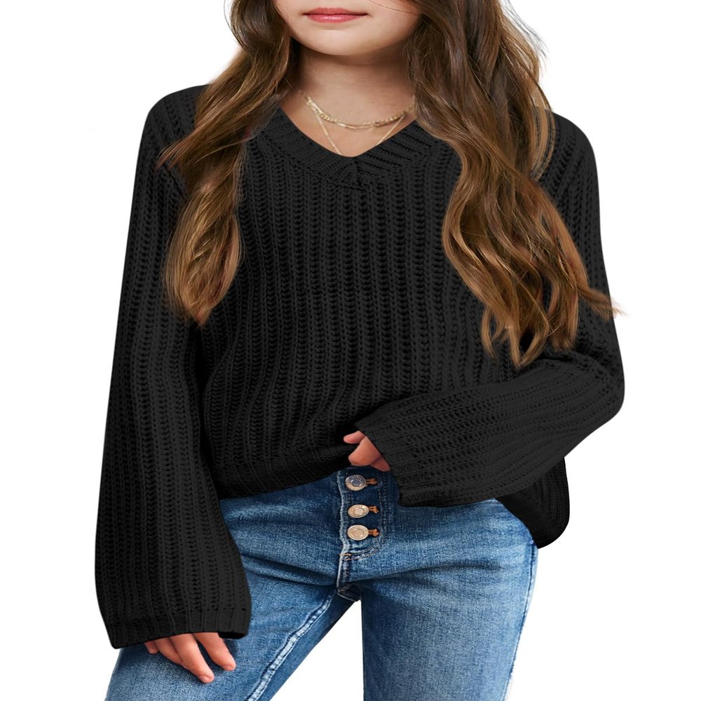 Imily Bela Girls Bell Sleeve V Neck Knit Sweaters Kids Fashion Crop Pullover Sweater Tops Black