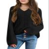 Imily Bela Girls Bell Sleeve V Neck Knit Sweaters Kids Fashion Crop Pullover Sweater Tops Black view 1