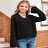 Imily Bela Girls Bell Sleeve V Neck Knit Sweaters Kids Fashion Crop Pullover Sweater Tops Black view 2
