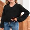 Imily Bela Girls Bell Sleeve V Neck Knit Sweaters Kids Fashion Crop Pullover Sweater Tops Black view 3