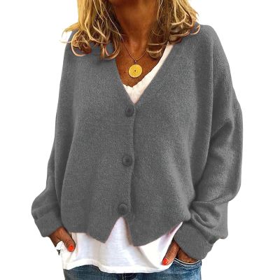 ebossy Women's Vintage Preppy Cable Knit Cardigan Sweather Casual Plain Artistic Aesthetic Oversized Crop Jacket Top (M, Grey)