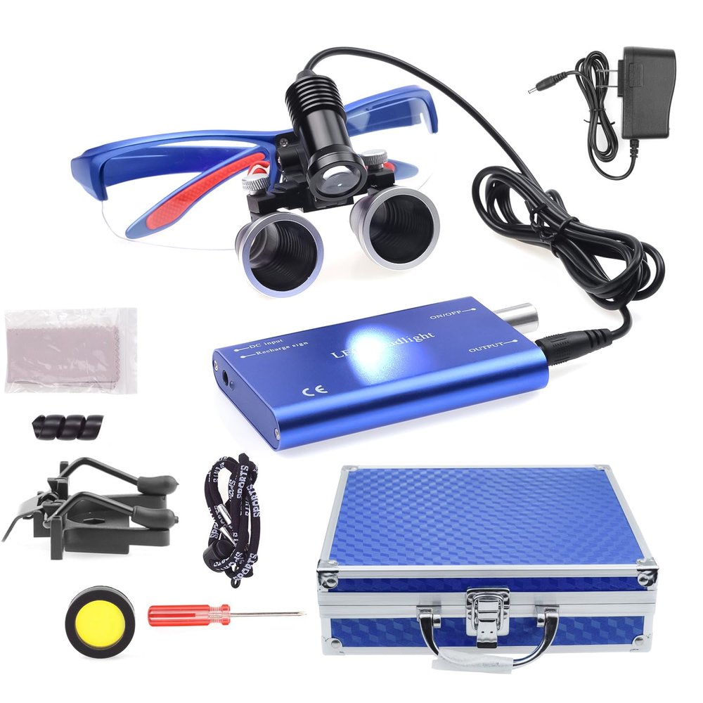 NSKI Portable 5W LED Head Light Headlight with 2.5X 3.5X Loupes Binocular Loupes Magnifying Glasses Optical Glass (Blue, 3.5X)