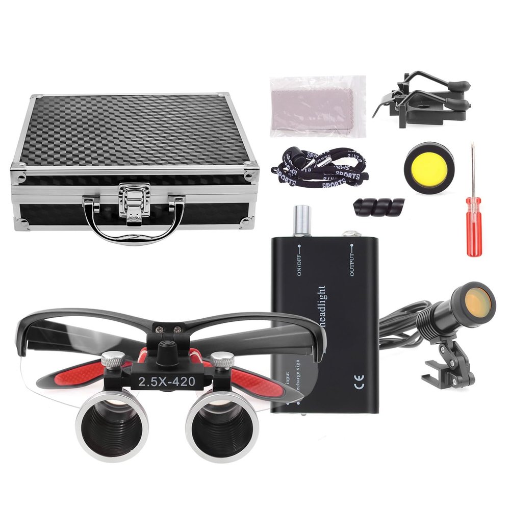 NSKI Portable 5W LED Head Light Headlight with 2.5X 3.5X Loupes Binocular Loupes Magnifying Glasses Optical Glass (Black, 2.5X)