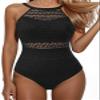 Holipick Black Crochet Tummy Control One Piece Swimsuit Modest Bathing Suit High Neck Full Coverage Swimwear S view 1