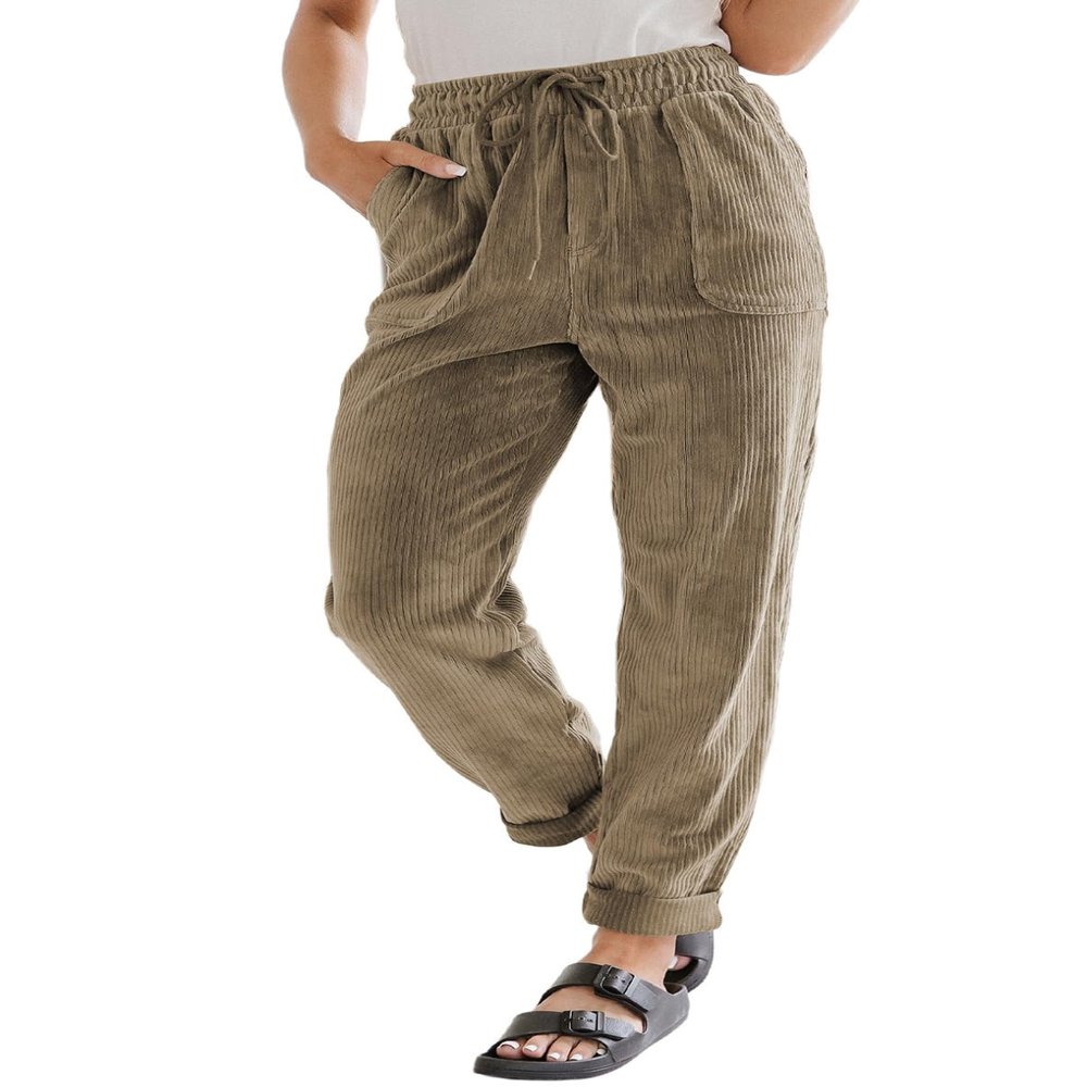 EVALESS Corduroy Pants for Women Dressy Casual Drawstring Elastic High Waist Straight Leg Pants Spring 2026 Loose Comfy Trousers with Pockets Khaki X-Large