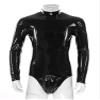 YiZYiF Mens Shiny Latex Catsuit Jumpsuit Slim Fit Long Sleeve Zipper Boxer Bodysuit Leotard Clubwear Zipper Black A X-Large view 2