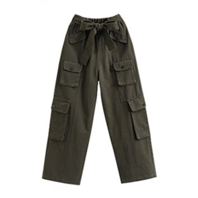 Children Girls Solid Color Pants Elastic High Waist Cargo Pants with Belt Casual Loose Fit Straight Leg Pants (AG, 4-5 Years)