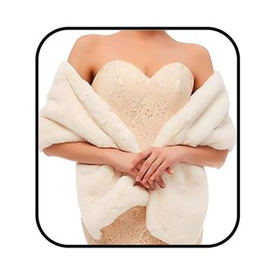 Obmyec Wedding Faux Fur Shawls and Wraps Bridal Fur Scarf Winter Cape with Rhinestones Brooch Warmer Fur Stole for Women (Beige)