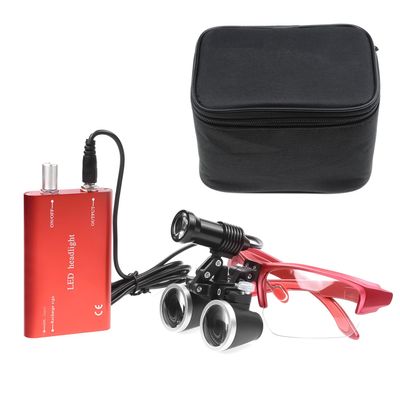 3.5X 420mm Working Distance Optical Glass Surgical Binocular Loupes and 5W Spotlight LED Head Light Lamp with Filter with Two Type Clips Cloth Bag Style (Red)