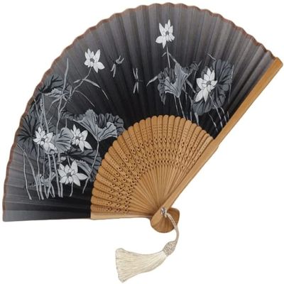 JITEM Decorative Chinese Japanese Retro Style for Girls Portable Folding Fan Folding Fan Decor Vintage Pattern Hand Fan Black Bamboo Silk Folding Cosplay Abanico Mano Plegable