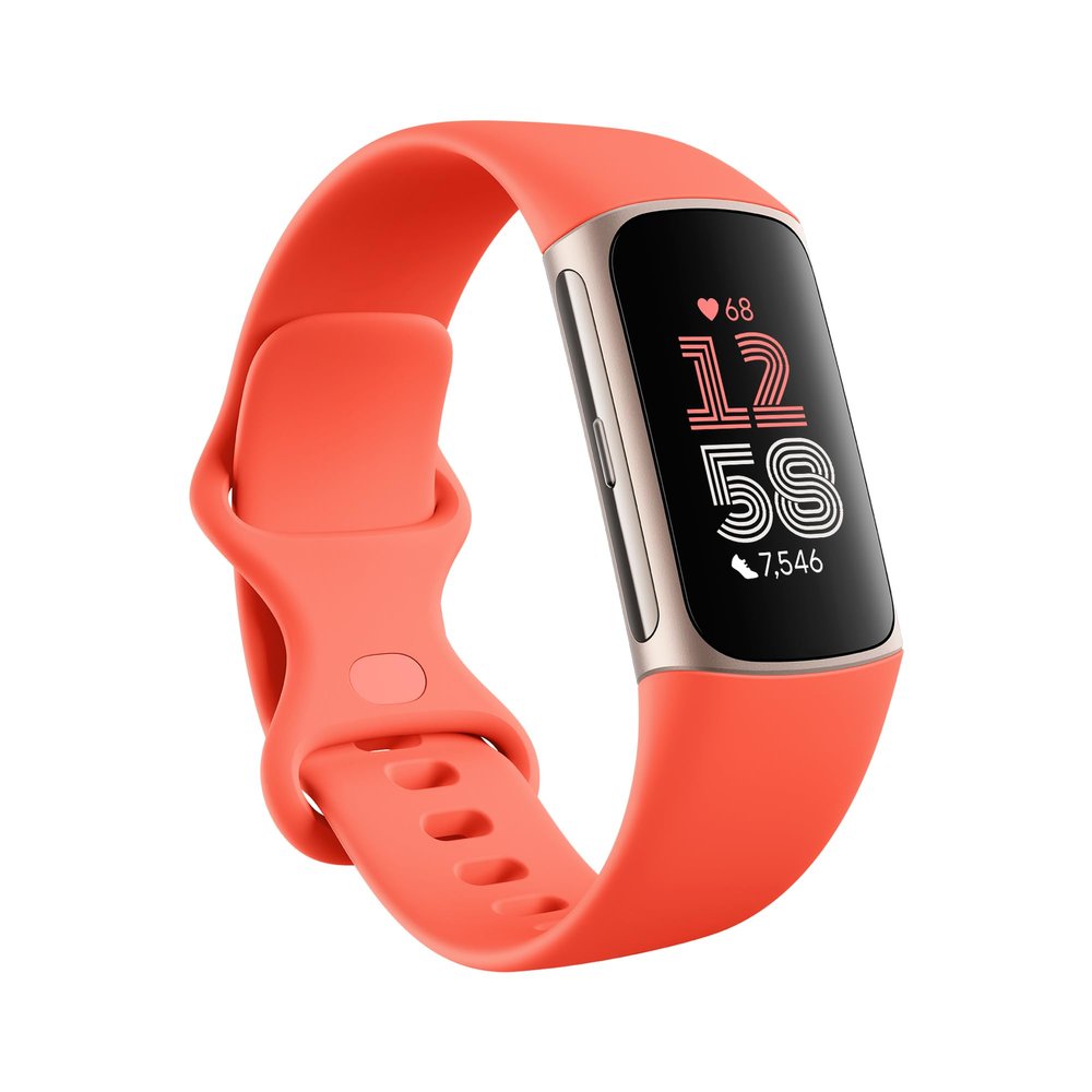 Fitbit Charge 6 Fitness Tracker with Google apps, Heart Rate on Exercise Equipment, 6-Months Premium Membership Included, GPS, Health Tools and More, Gold/Coral, One Size (S & L Bands Included)