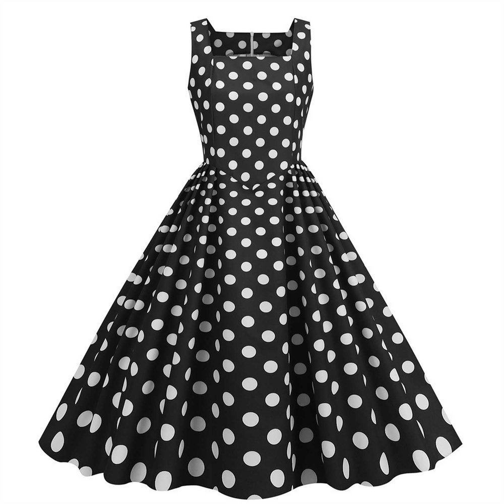 Women's Audrey Hepburn Vintage Style Rockabilly Swing Dress Polka Dot Square Neck Sleeveless Homecoming Dresses