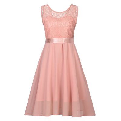 Women's Vintage Floral Lace Sleeveless A-Line Bridesmaid Party Dress 50s 60s Vintage Audrey Hepburn Dress with Belt Pink