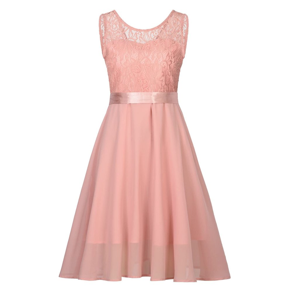 Women's Vintage Floral Lace Sleeveless A-Line Bridesmaid Party Dress 50s 60s Vintage Audrey Hepburn Dress with Belt Pink