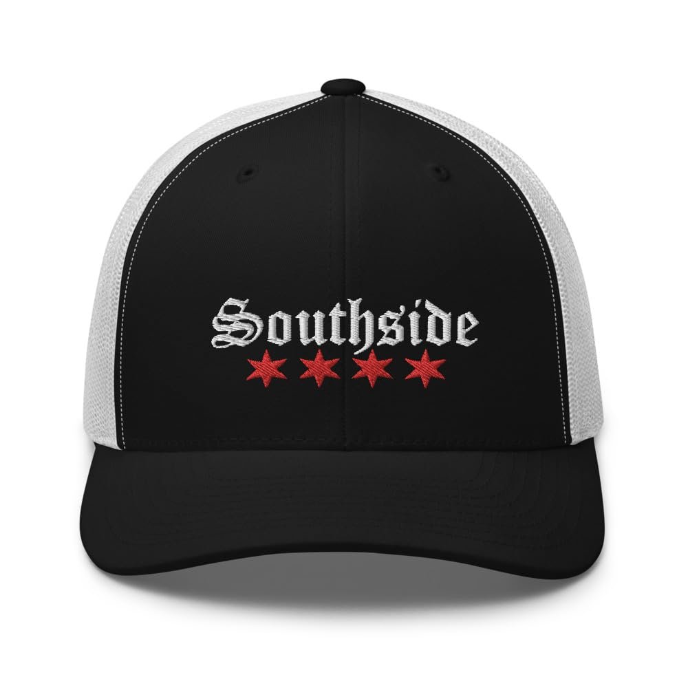Southside Trucker Cap with Chicago Flag Stars Southside Pride Cool Chicago Pride hat Black/White