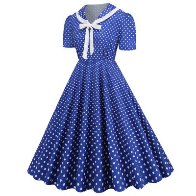 Women's 1950s Vintage Audrey Hepburn Style Cocktail Party Swing Dresses Lapel Short Sleeve Polka Dot Midi Tea Dress