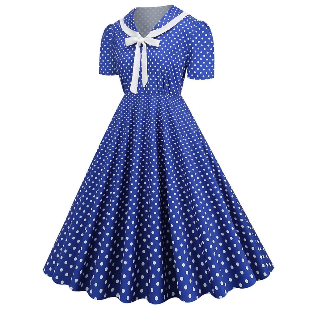Women's 1950s Vintage Audrey Hepburn Style Cocktail Party Swing Dresses Lapel Short Sleeve Polka Dot Midi Tea Dress