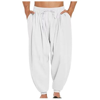 Muscularfit Quick Dry Pants Men Sweatpants Casual Drwastring Elastic Waist Loose Wide Leg Baggy Pants Spring Solid Beach Feed Breathable Pant White M