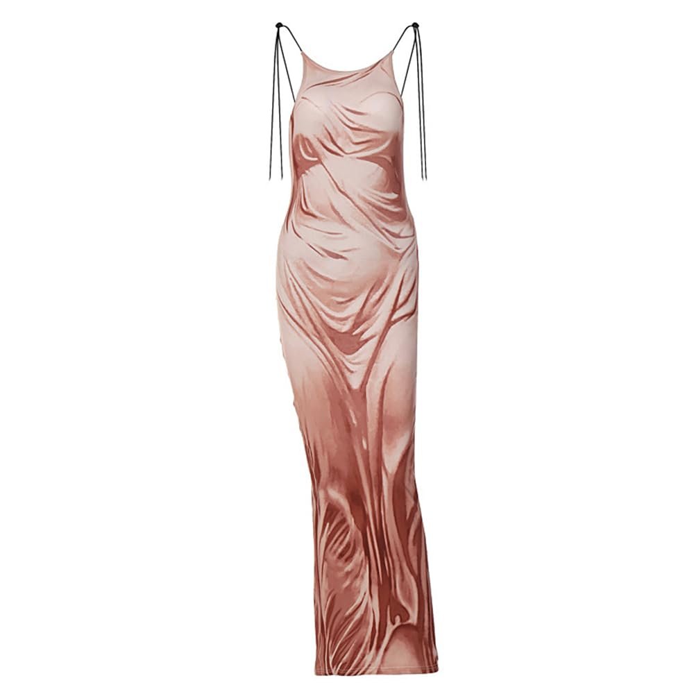 4UFIT Women's Sexy Spaghetti Strap Bodycon Maxi Dress Y2k 3D Print Backless Slim Fit Long Dress Brown