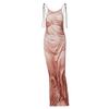 4UFIT Women's Sexy Spaghetti Strap Bodycon Maxi Dress Y2k 3D Print Backless Slim Fit Long Dress Brown view 1