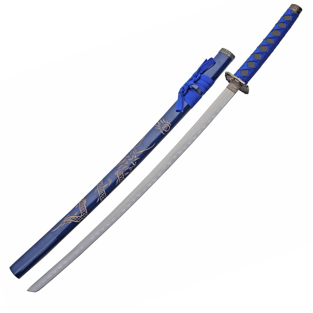 SZCO 40 Blue Dragon Samurai Katana Sword Carbon Steel Blade with Wooden Scabbard Cord Wrapped Handle Japanese Ninja Sword for Display, Martial Arts, Cosplay, Gift or Collection
