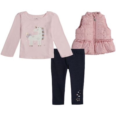 Kids Headquarters Girls 3-Piece Vest Set, Includes Long Sleeve & Pants, Ultra-Soft & Comfortable Fit, Pink/Black