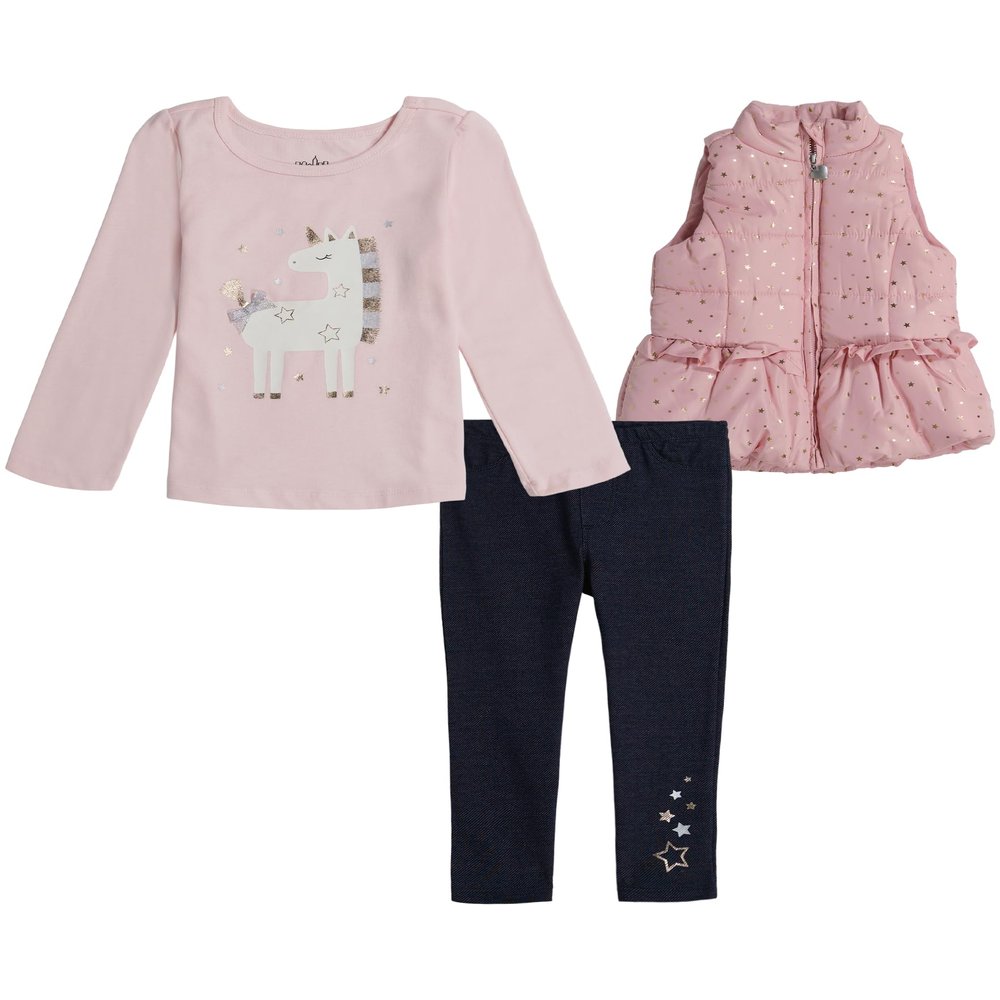 Kids Headquarters Girls 3-Piece Vest Set, Includes Long Sleeve & Pants, Ultra-Soft & Comfortable Fit, Pink/Black
