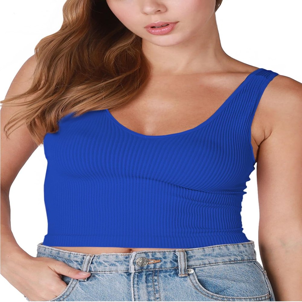 NIKIBIKI Women Seamless V-Neck Ribbed Crop Top, Made in U.S.A, One Size (Royal Blue)