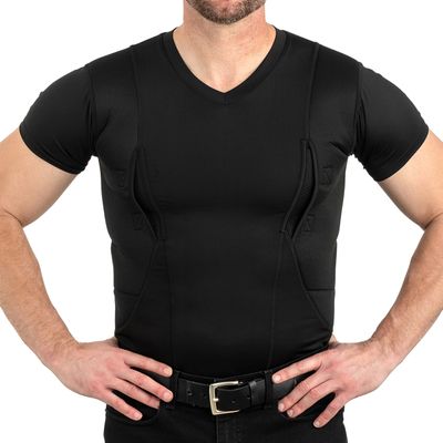 CCW Tactical Concealed Carry Holster Shirt | Secure Hook & Loop Pocket with Large Storage | All Season Moisture Wicking Compression Shirt | Mens V-Neck, Black 5XL