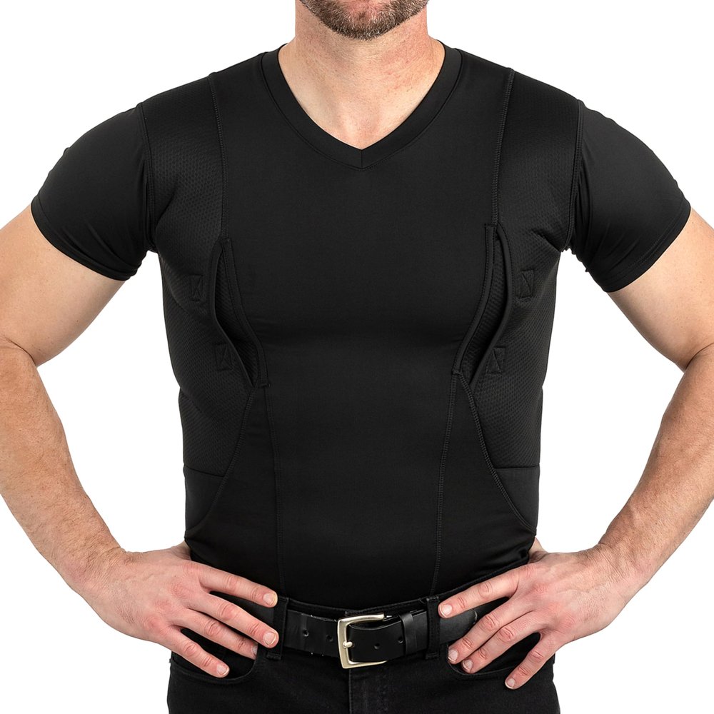 CCW Tactical Concealed Carry Holster Shirt | Secure Hook & Loop Pocket with Large Storage | All Season Moisture Wicking Compression Shirt | Mens V-Neck, Black 5XL