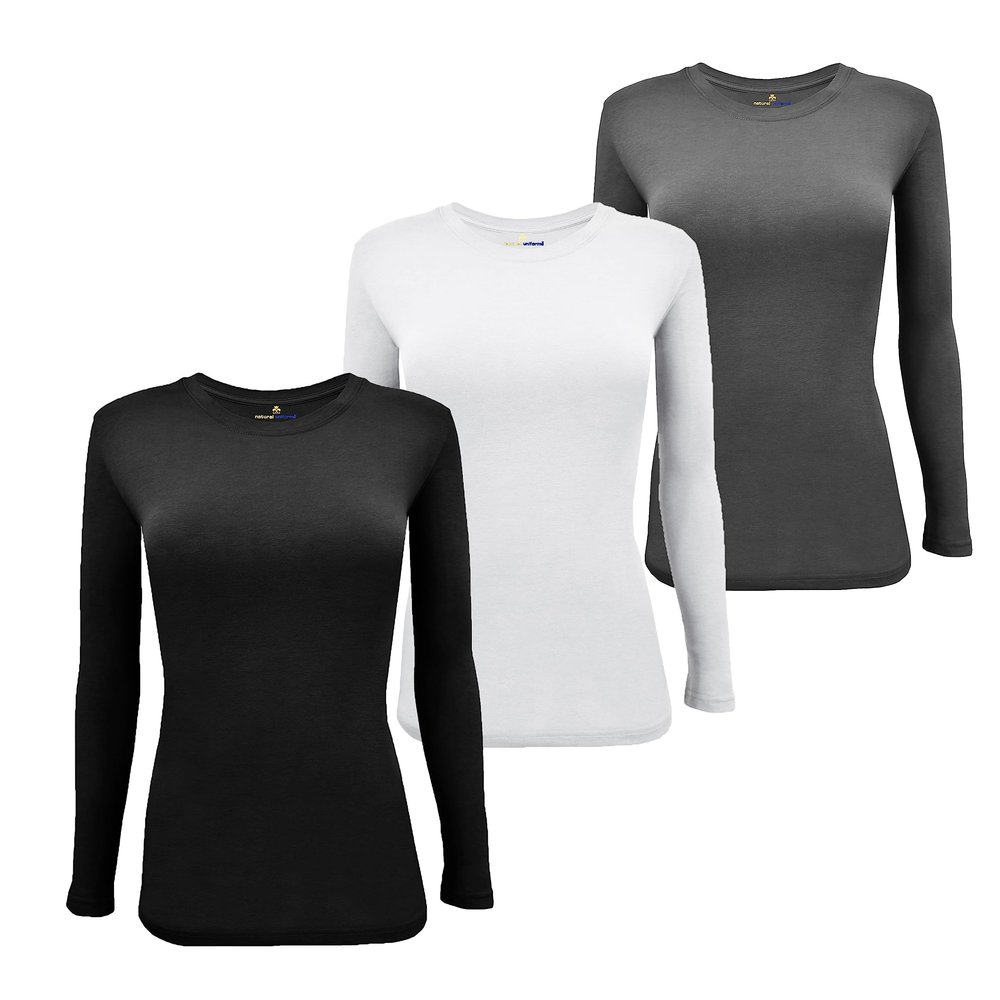 Natural Uniforms Women's Under Scrub Tee Crew Neck Long Sleeve T-Shirt-3-Pack (Small, 3 Pack BLK/WHT/CHL)