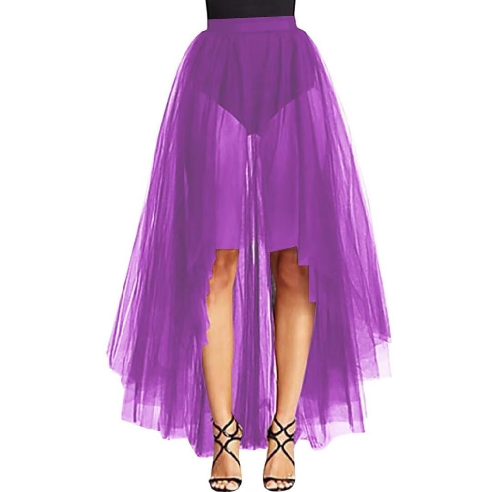 WDPL Women's Maxi High Low A-line Layers Tulle Sheer Evening Skirt (Purple-36, 4XL)
