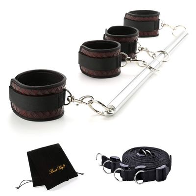 EXREIZST 3 in 1 Silvery Spreader Bar Set with 4 Premium Soft Pad Brown Leather Straps Adjustable Expandable Sports Exercise Kit