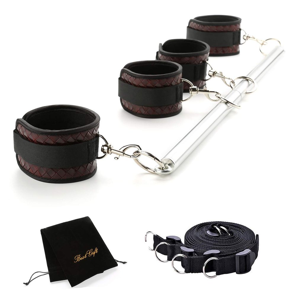 EXREIZST 3 in 1 Silvery Spreader Bar Set with 4 Premium Soft Pad Brown Leather Straps Adjustable Expandable Sports Exercise Kit