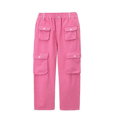 Kids Teens Solid Color Pants Elastic High Waist Cargo Pants with Pockets Casual Straight Leg Pants for Girls (Pink, 15-16 Years)