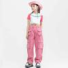 Kids Teens Solid Color Pants Elastic High Waist Cargo Pants with Pockets Casual Straight Leg Pants for Girls (Pink, 15-16 Years) view 2