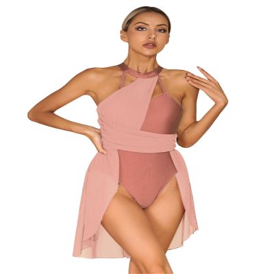 YOOJOO Women Lyrical Dance Costume Halter Neck Flowy Skirt Dress Ballet Leotard Modern Contemporary Dancewear F0430Apricot Medium
