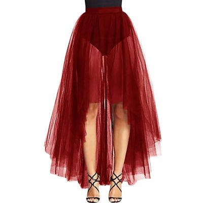 WDPL Women's Maxi High Low A-line Layers Tulle Sheer Evening Skirt (Burgundy, 3XL)