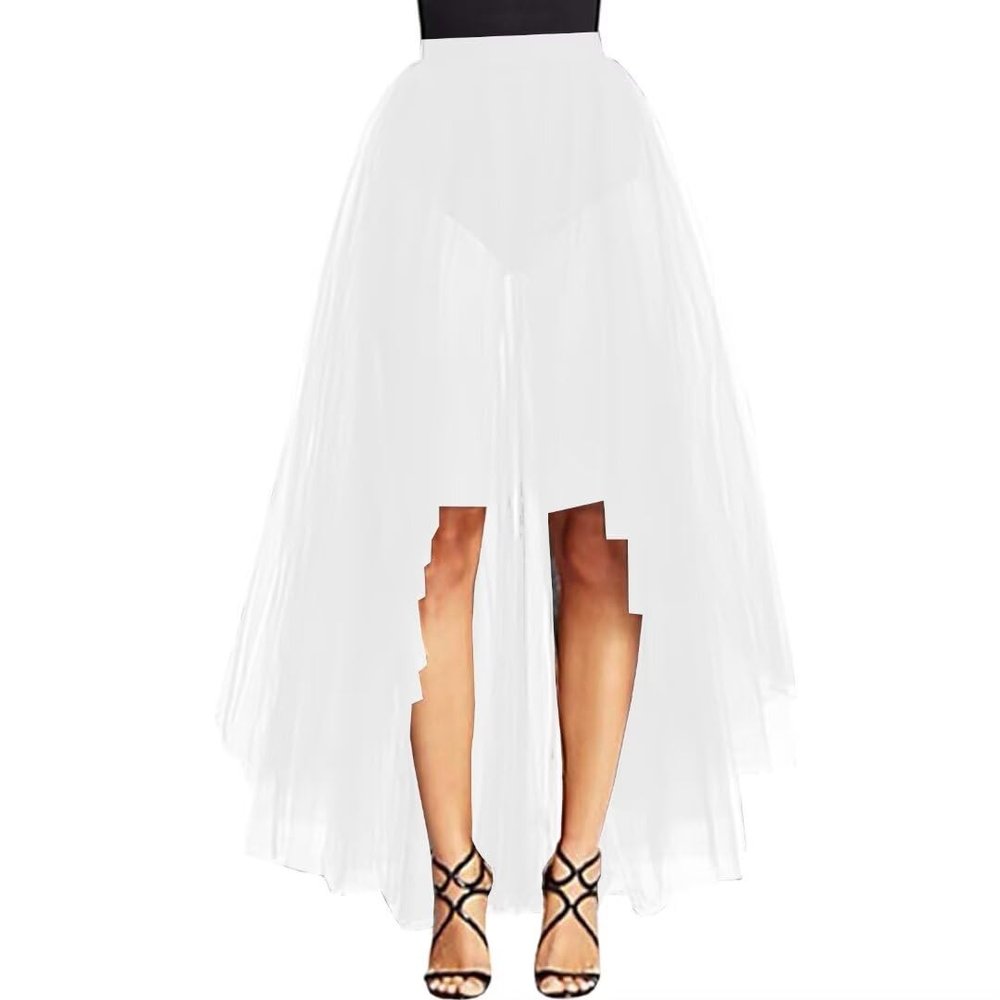 WDPL Women's Maxi High Low A-line Layers Tulle Sheer Evening Skirt (White, 4XL)