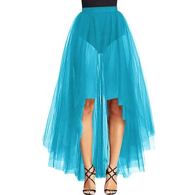 WDPL Women's Maxi High Low A-line Layers Tulle Sheer Evening Skirt (Ice Blue, 5XL)