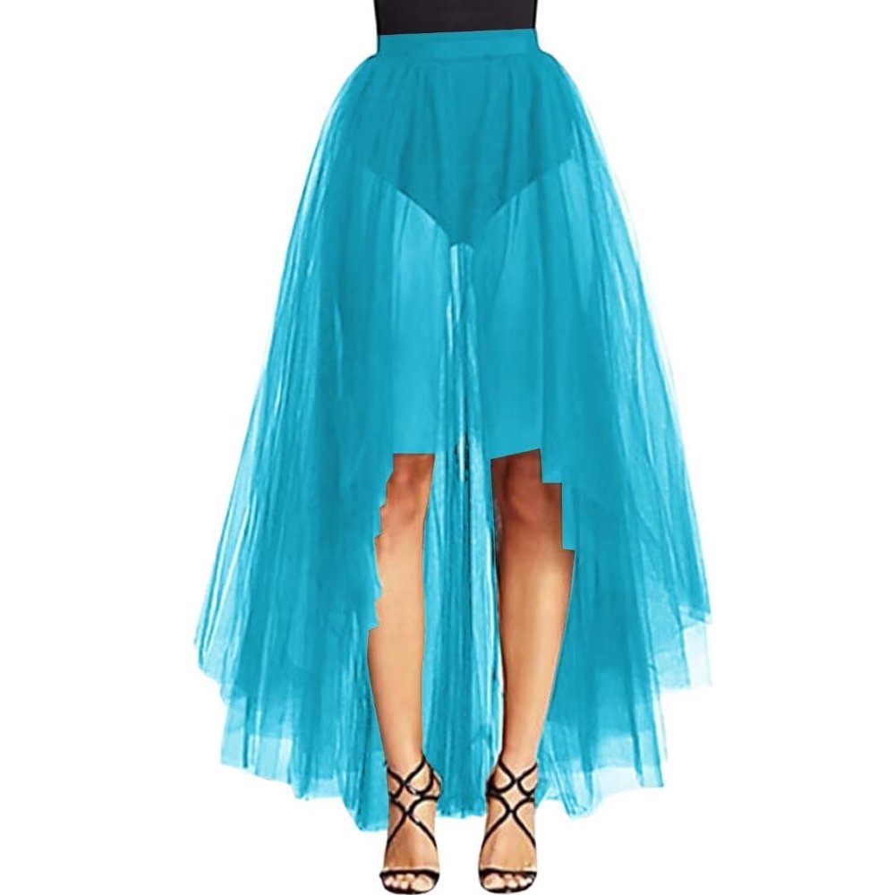 WDPL Women's Maxi High Low A-line Layers Tulle Sheer Evening Skirt (Ice Blue, 5XL)