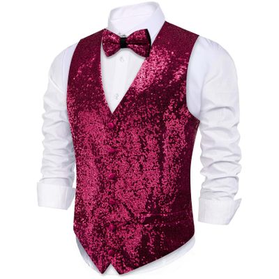 Barry.Wang Men's Hot Pink Slim Fit Sequins Vest V-Neck Shiny Party Dress Suit Stylish Vest Waistcoat