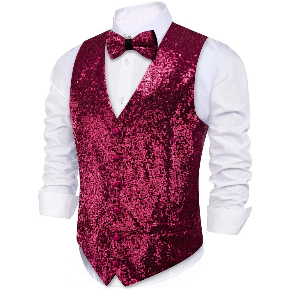 Barry.Wang Men's Hot Pink Slim Fit Sequins Vest V-Neck Shiny Party Dress Suit Stylish Vest Waistcoat