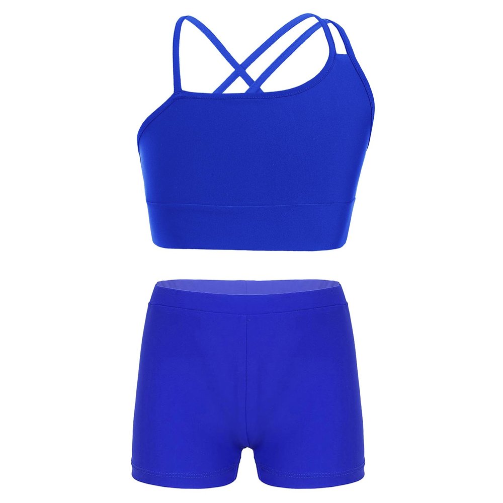 Moily Kids Girls Solid Color 2-Piece Gymnastics Dance Sports Outfit Racer Crop Top with Booty Shorts Swimsuit S48-Royal Blue 7-8