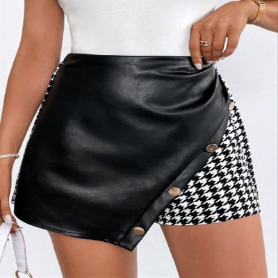 AKIOLOAS Women's Shorts Houndstooth Print Button Detail PU Leather Skort Women's Shorts Shorts for Women (Color : Black and White, Size : Small)