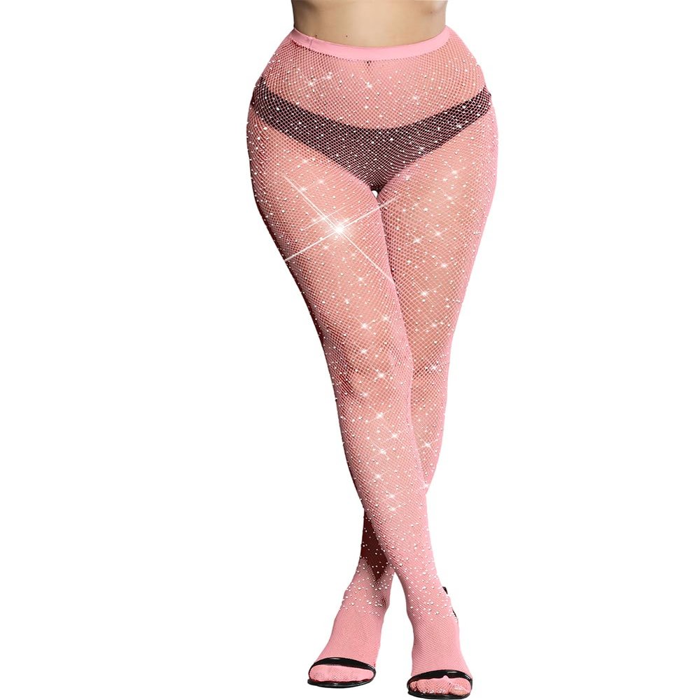 VINICUNCA Fishnet Stockings for Women Sparkly Rhinestone Fishnet Tights Multi Pack (US, Alpha, Medium, X-Large, Regular, Regular, Pink-mini Grid)