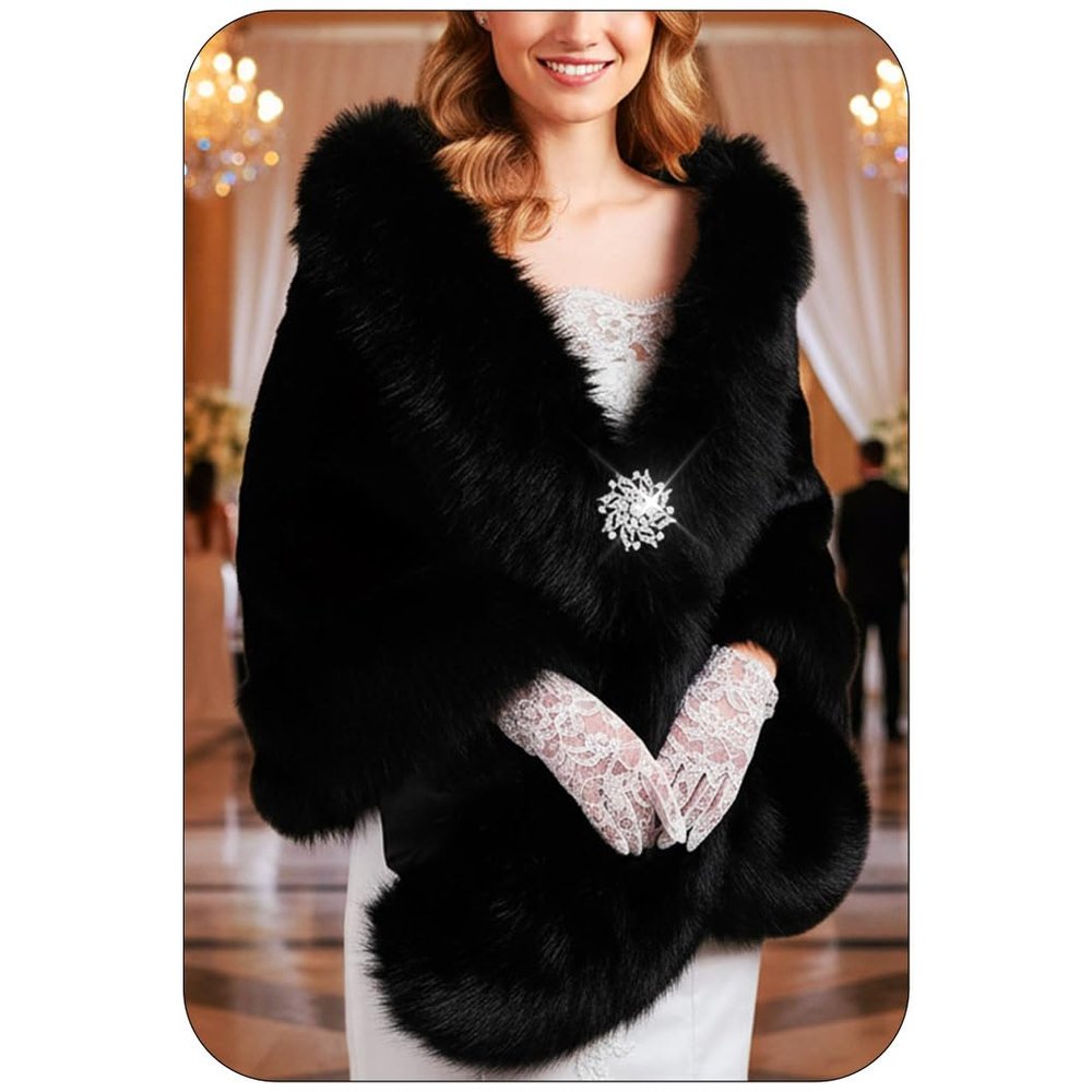 Unicra Women's Wedding Faux Fur Shawls and Wraps Cloak Cape Long Bridal Fur Scarf Stole with Brooch for Bride and Bridesmaids (Black)