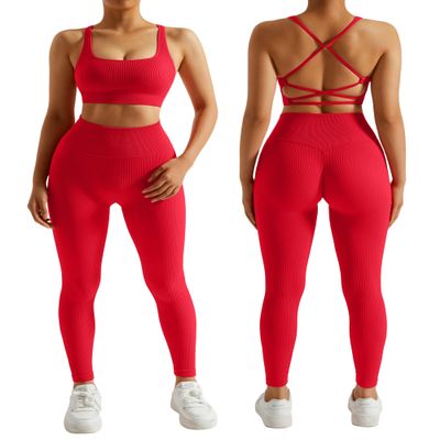 RXRXCOCO Ribbed Workout Sets for Women 2 Piece Backless Strappy Sports Bra Seamless Leggings Matching Set Yoga Outfits Red Small